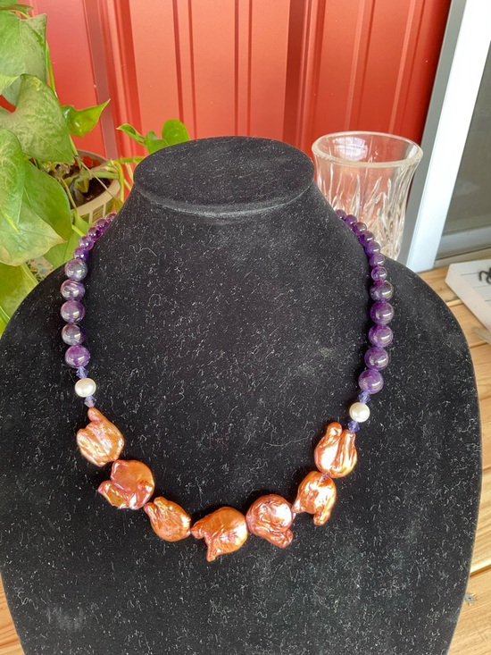 Hand Crafted Jewelry - Handcrafted amethyst and Copper Pearl Statement Necklace.